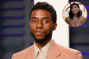 Retrato de hombre negro de pelo rizado y barba, con traje. En un círculo superpuesto, retrato de mujer negra de pelo ondulado, con blusa dorada
