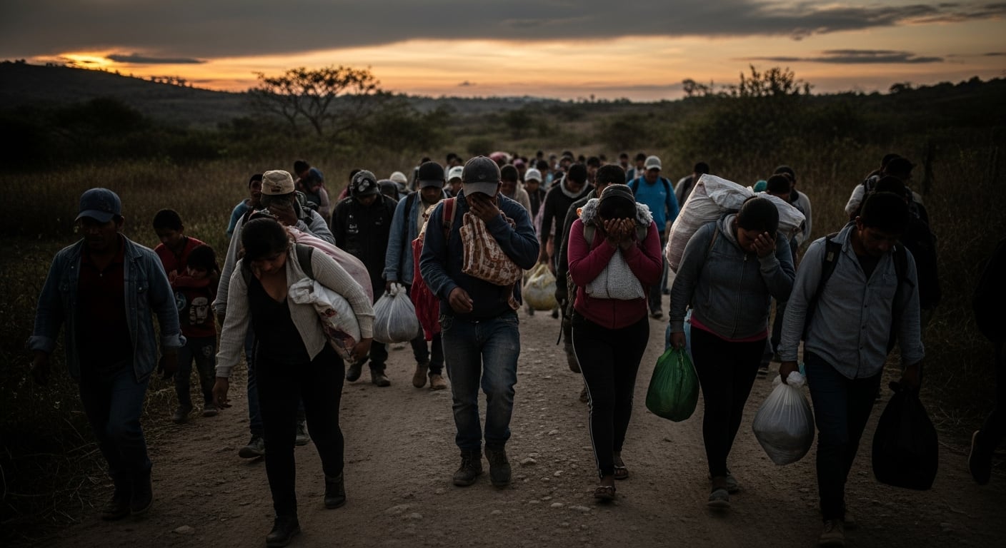 Cientos de personas desplazadas por la violencia en Colombia caminan por un sendero rural al atardecer, llevando sus pocas pertenencias - crédito Imagen Ilustrativa Infobae