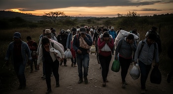 Un gran grupo de personas, hombres, mujeres y niños, camina por un camino de tierra al anochecer. Llevan bultos y mochilas; el cielo muestra tonos anaranjados.