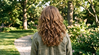 Vista posterior de una persona con cabello castaño ondulado y camisa verde frente a un sendero rodeado de árboles.