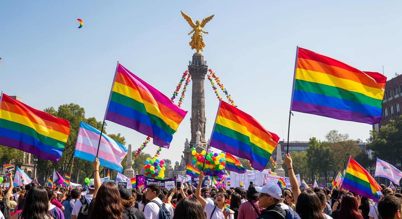 Una multitud asiste a la Marcha del Orgullo LGBT+ en la Ciudad de México, agitando banderas arcoíris frente al Ángel de la Independencia, adornado con globos y banderas multicolores. (Imagen Ilustrativa Infobae)