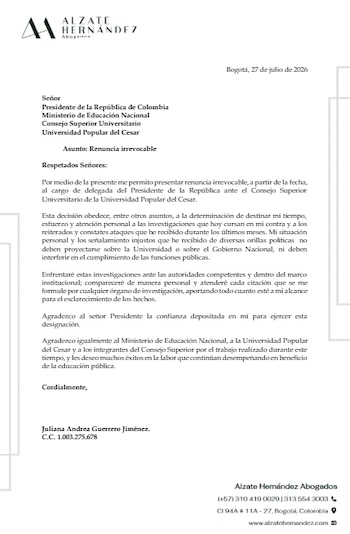 Carta de Renuncia Juliana Guerrero - crédito Captura de Pantalla X/Caracol Radio