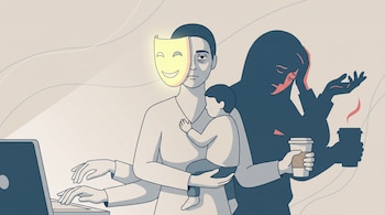 Figura con máscara sonriente y rostro cansado, sostiene a un niño, usa laptop y taza de café, con sombra oscura de agotamiento.