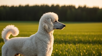 Un perro poodle blanco de perfil en un campo verde. Detrás hay árboles y el cielo claro de un atardecer.