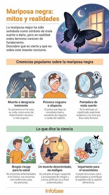 Infografía muestra una mariposa negra de noche, seis viñetas con símbolos de mitos y realidades, y texto "Infobae".