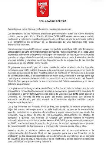 El partido Comunes, surgido tras el Acuerdo de Paz con las extintas Farc, reconoció la elección de Abelardo de la Espriella como presidente de Colombia - crédito Partido Comunes