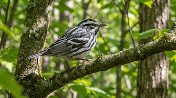 Reinita trepadora de plumaje blanco y negro con corona amarilla, posada en una rama de árbol gruesa y musgosa con fondo de follaje verde borroso.