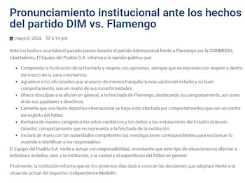 El club manifestó su rechazo a los actos de vandalismo dentro del Atanasio Girardot y aseguró que ya trabaja con las autoridades para identificar a los responsables - crédito captura de pantalla página oficial DIM