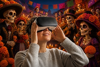 Una persona con gafas de realidad virtual ante un entorno festivo con esqueletos vestidos con trajes tradicionales, flores y papel picado.
