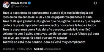 El tuit de Rainer Torres tras la derrota de Universitario ante Coquimbo Unido por Copa Libertadores 2026.