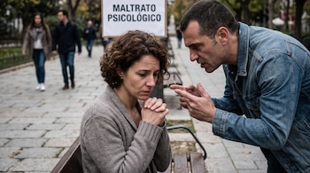 Un hombre con chaqueta de mezclilla señala con el dedo a una mujer sentada en un banco. Detrás hay un cartel que dice MALTRATO PSICOLÓGICO.