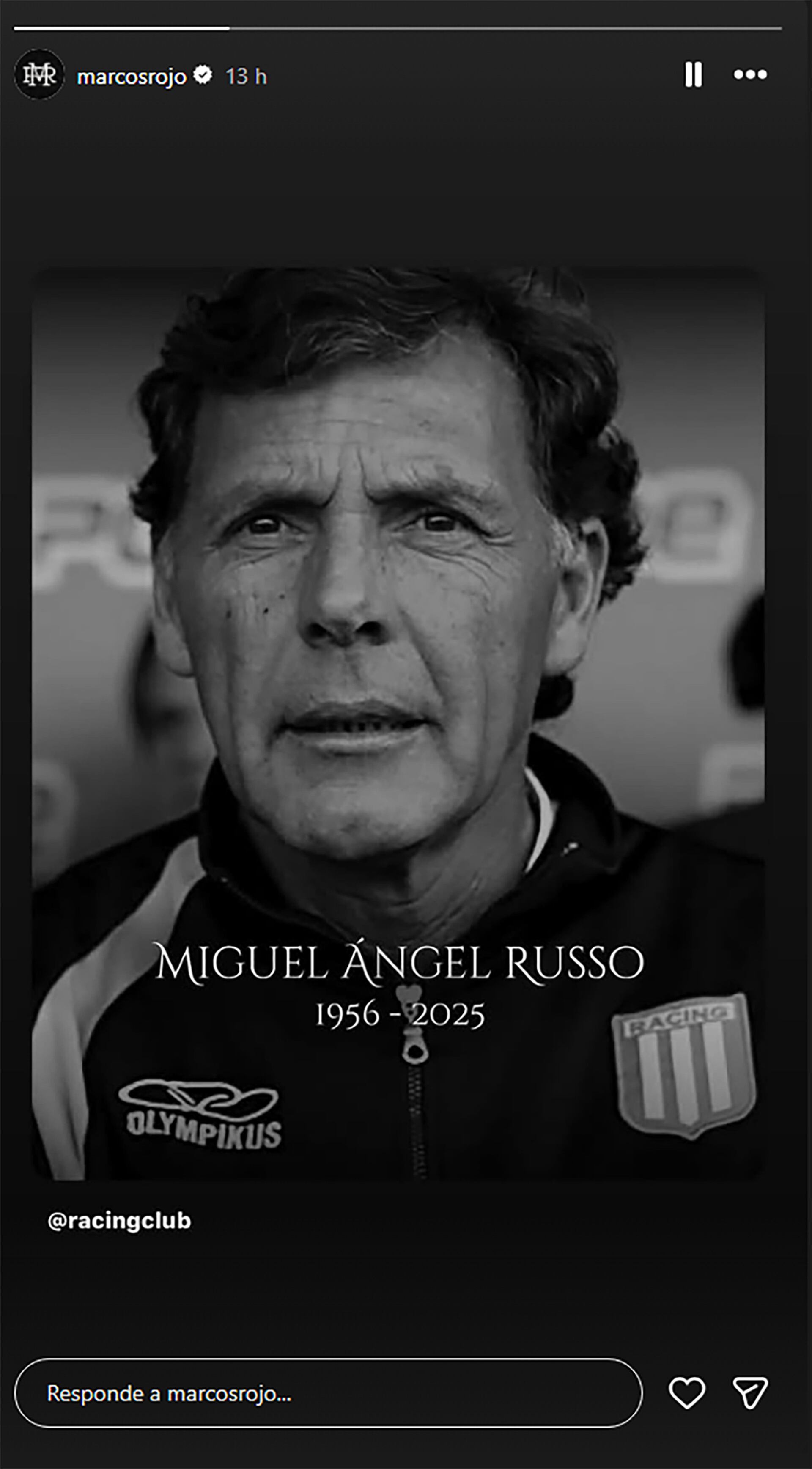 Marcos Rojo compartió el posteo de Racing tras la muerte de Miguel Russo