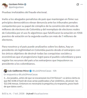 El expresidente de la República habló sobre el supuesto reemplazo de votantes mediante algoritmos que alteraron la votación en 1.356 puestos - crédito @petrogustavo/X