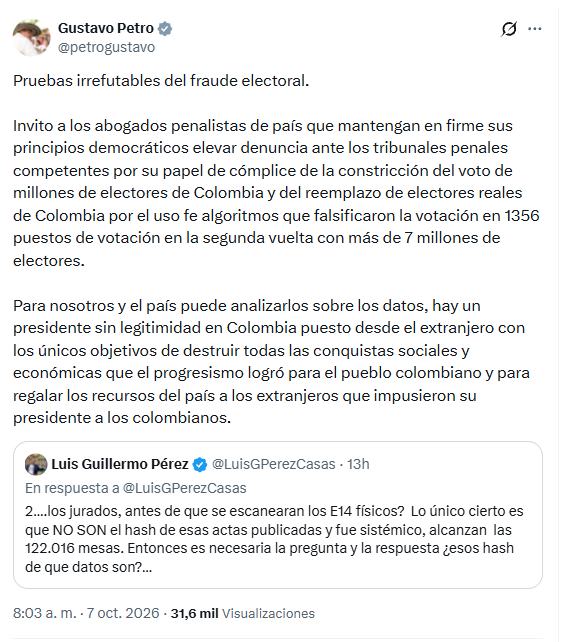El expresidente de la República habló sobre el supuesto reemplazo de votantes mediante algoritmos que alteraron la votación en 1.356 puestos - crédito @petrogustavo/X