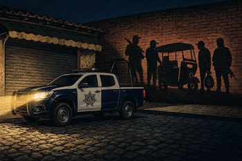 Camioneta policial aparcada de noche frente a un comercio proyecta en una pared las sombras de cuatro hombres armados y un mototaxi.