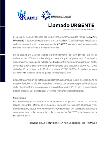 El comunicado de CADEF