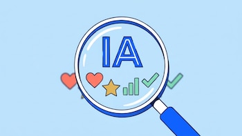 Ilustración plana de una lupa centrada con la palabra 'IA' en azul y blanco, magnificando íconos de corazón, estrella, gráfico de barras y check en un fondo azul claro