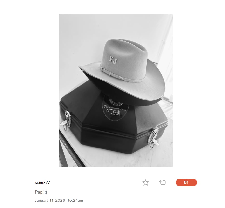 La hija de Yeison Jiménez también compartió una foto del sombrero de su papá, con las iniciales ‘YJ’ - crédito @xcmj777/Vsco