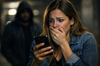 Primer plano de una mujer con chaqueta vaquera y expresión de miedo, boca cubierta por la mano, mirando un celular. Una figura masculina borrosa y encapuchada se ve al fondo.