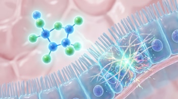 Ilustración de una molécula brillante formada por esferas azules y verdes interaccionando con células del revestimiento intestinal en un fondo rosa.