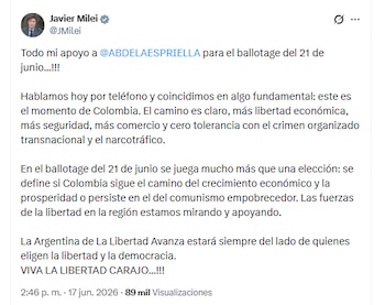 El presidente de Argentina, Javier Milei, reafirmó su apoyo a Abelardo de la Espriella y aseguró que su posible llegada a la Presidencia de Colombia generaría más comercio - crédito @JMilei/X