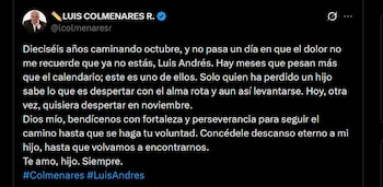 Luis Alonso Colmenares difundió un mensaje en la red X sobre el significado del mes de octubre para su familia - crédito @lcolmenaresr / X