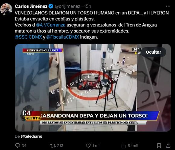 La noticia aún no ha sido confirmada por autoridades de la Ciudad de México (x/ @c4jimenez)