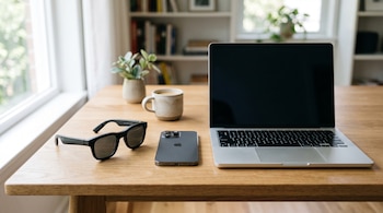 Gafas inteligentes negras, un teléfono inteligente, una computadora portátil, una taza de café y una planta sobre un escritorio de madera.