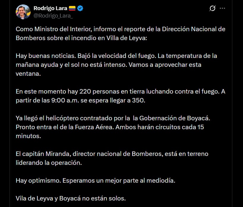 Rodrigo Lara señaló que actualmente hay 350 personas trabajando en tierra “luchando contra el fuego” - crédito @Rodrigo_Lara_/X