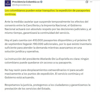 El Gobierno aseguró que la expedición de pasaportes continuará con normalidad, pese a la decisión del Tribunal Administrativo de Cundinamarca de suspender temporalmente los convenios con la Imprenta Nacional - crédito @infopresidencia/X