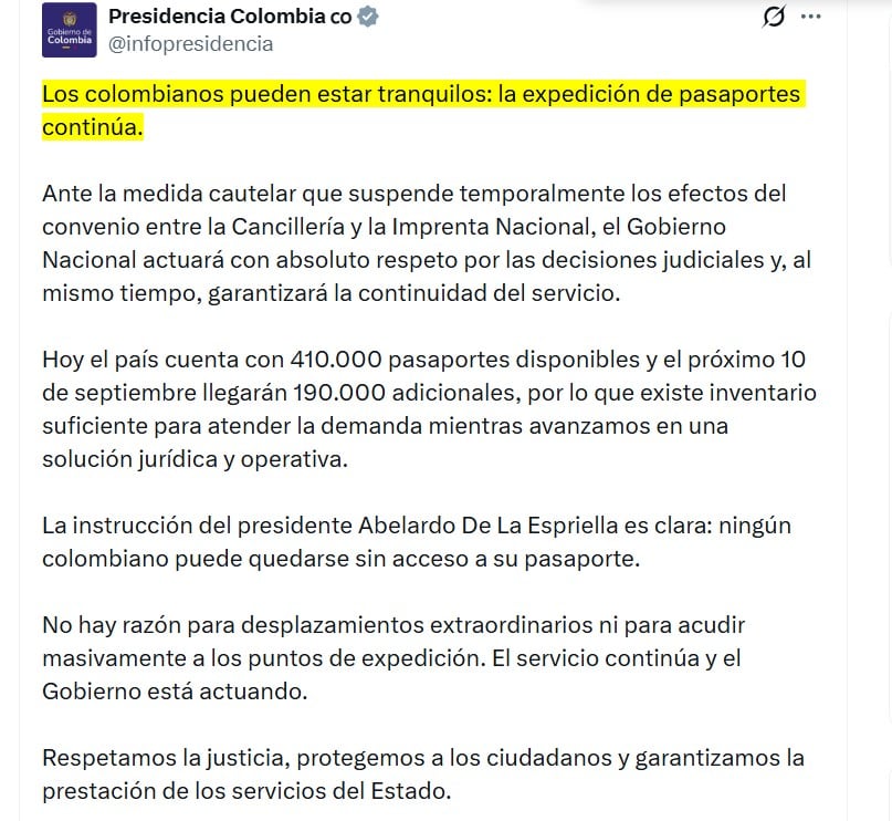El Gobierno aseguró que la expedición de pasaportes continuará con normalidad, pese a la decisión del Tribunal Administrativo de Cundinamarca de suspender temporalmente los convenios con la Imprenta Nacional - crédito @infopresidencia/X