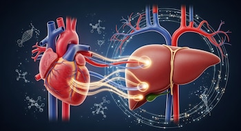 Ilustración médica hiperrealista muestra un corazón y un hígado saludables, conectados por vasos sanguíneos y flujos luminosos, con estructuras moleculares y tecnológicas en el fondo oscuro.