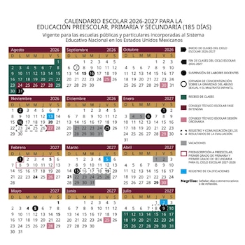 Documento con los doce meses del año escolar 2026-2027, números marcados con diversos colores y una simbología explicativa a la derecha