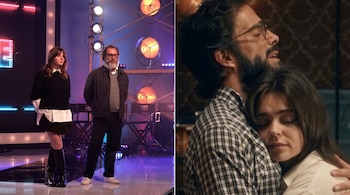 Imagen dividida que muestra a dos personas en un plató a la izquierda y a un hombre que abraza a una mujer a la derecha.