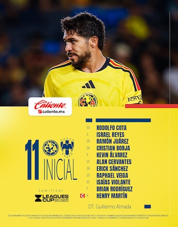 Alineación de América para el partido. (X/ @ClubAmerica)