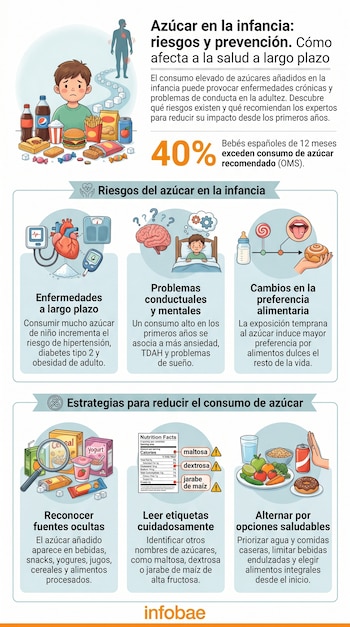 Infografía sobre azúcar en la infancia con un niño rodeado de alimentos procesados y dulces, mostrando riesgos para la salud y estrategias de prevención.