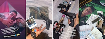 Collage de fotos mostrando jóvenes con teléfonos, pistolas, botellas de alcohol, latas de energizante, billetes de pesos argentinos y una camiseta con el rostro de un hombre