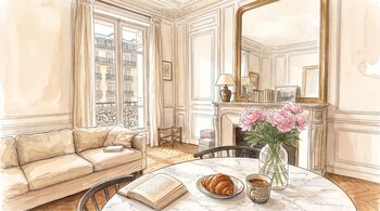 Ilustración de un salón con sofá, ventana, chimenea, espejo, mesa redonda con libro abierto, croissant, café y florero con peonías rosas, estilo acuarela.