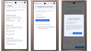 Tres capturas de pantalla de un teléfono móvil mostrando la configuración de email de una cuenta de Google, con opciones para cambiar y gestionar direcciones