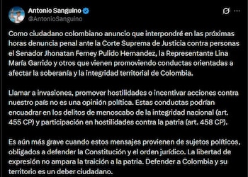 Antonio Sanguino afirmó que esas conductas pueden configurar traición a la patria e incitación a la guerra en territorio colombiano - crédito @AntonioSanguino/X