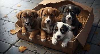 Cuatro cachorros (dos marrones, uno negro, uno blanco y negro) en caja de cartón con paja. Se ven sobre suelo de piedra con hojas secas.