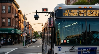 Primer plano de la parte frontal de un autobús blanco de la MTA con un letrero digital que muestra el aviso de multas por cámaras, junto a una cámara de seguridad en un poste.