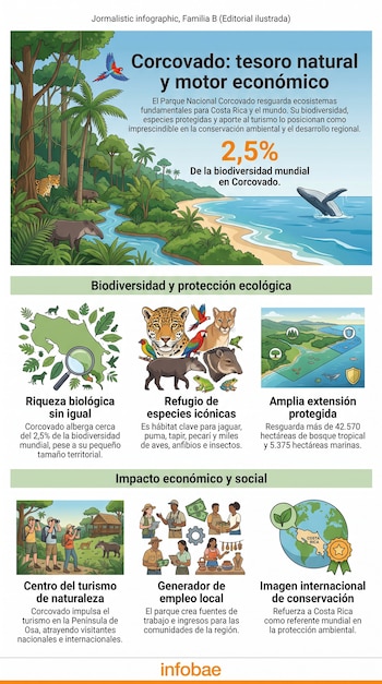 Infografía con ilustraciones de animales, mapa de Costa Rica, datos de biodiversidad y gráficos sobre empleo e impacto económico.