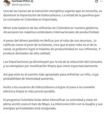 El presidente de la República insistió en la necesidad de que Colombia disminuya la importación de hidrocarburos -crédito @petrogustavo/X