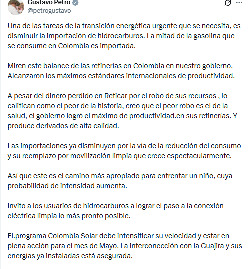 El presidente de la República insistió en la necesidad de que Colombia disminuya la importación de hidrocarburos -crédito @petrogustavo/X