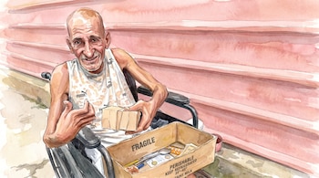 Ilustración de un hombre en silla de ruedas junto a una caja de cartón con blísteres de medicinas, monedas y una cuchara.