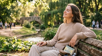 Una mujer con suéter beige se sienta en un banco de madera cerca de un bolso con un libro, con un puente de piedra y árboles al fondo.