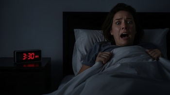 Mujer con ojos muy abiertos y boca abierta por el miedo, acostada en una cama oscura. A la izquierda, un reloj digital muestra la hora 3:30 AM en rojo brillante.