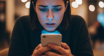 Primer plano de una mujer joven con cabello oscuro mirando un teléfono celular con expresión de preocupación. La pantalla del celular emite una luz azul sobre su cara.