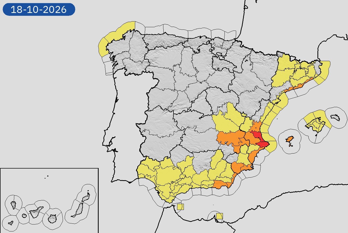 La Aemet activa alertas rojas por lluvias torrenciales en Alicante y Valencia el domingo 18 de octubre. (Aemet)